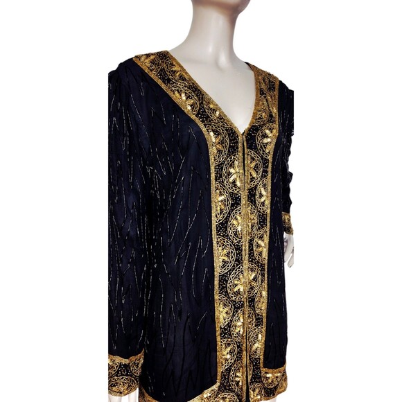 Vintage 80s 90s Royal Feelings 100% Silk Gold Beaded Sequined Jacket Size L/XL - Picture 2 of 10
